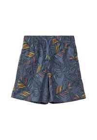 Blaue Badehosen mit einem bunten Blättermuster. Hergestellt aus leichtem Stoff mit elastischem Bund und Kordelzug.