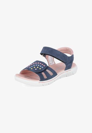 Sandale enfant bleu marine avec sangles réglables, motifs multicolores en forme de cœur sur la bride avant, semelle intérieure rose rembourrée et semelle en caoutchouc blanche.