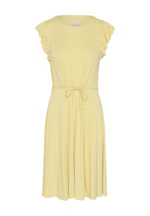 Pastelno rumena obleka do kolen z volančastimi kratkimi rokavi in tankim pasom za vezanje v pasu.