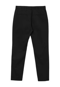 Pantaloni neri con cintura elastica, design a gamba dritta, due tasche posteriori e una texture liscia. Nessun motivo visibile o accessorio.