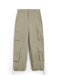 Beige cargobukser med elastiske mansjetter, flere funksjonelle lommer, knappelukking og lett stoff. Detaljert søm på sidene.