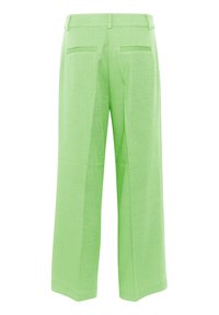 Groene wijde broek met een gestructureerde stof, voorzien van twee achterzakken en een rechte snit. Minimalistisch ontwerp met een eigentijdse uitstraling.