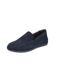 Navyblaue Slipper aus weichem Wildleder mit gestickter Schuhspitze und minimaler Gummisohle, die für Komfort und einfache Handhabung entworfen wurden.