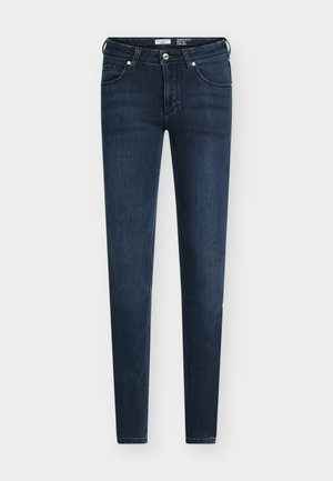 Jean slim bleu foncé en denim avec une texture lisse. Comprend des poches avant, une braguette zippée et une fermeture à un bouton.