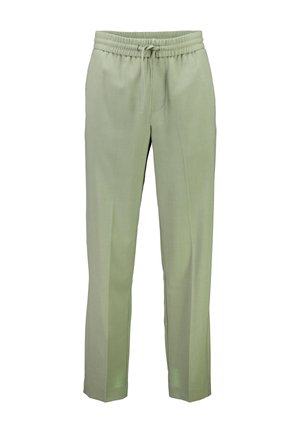 Light green trousers with a drawstring waistband, tapered leg design, and side pockets. Made of smooth, lightweight fabric.