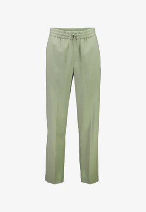 Light green trousers with a drawstring waistband, tapered leg design, and side pockets. Made of smooth, lightweight fabric.