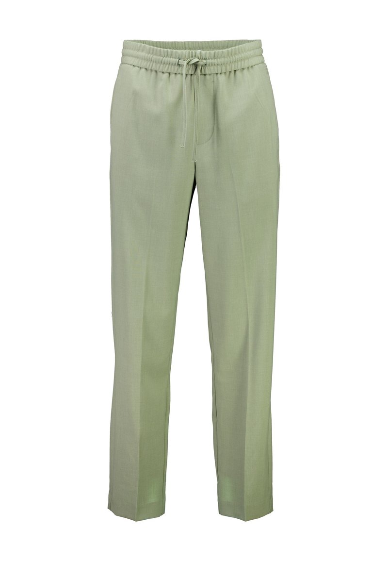 Light green trousers with a drawstring waistband, tapered leg design, and side pockets. Made of smooth, lightweight fabric.