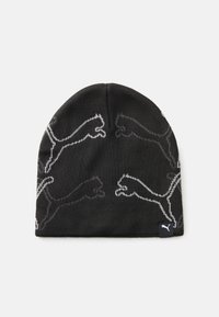 Cappello nero in maglia con motivi del gatto saltante grigio Puma e un piccolo tag con il logo sul lato. Texture morbida con un design aderente.