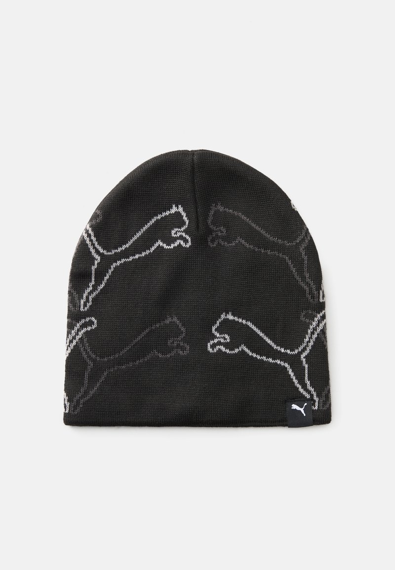 Cappello nero in maglia con motivi del gatto saltante grigio Puma e un piccolo tag con il logo sul lato. Texture morbida con un design aderente.