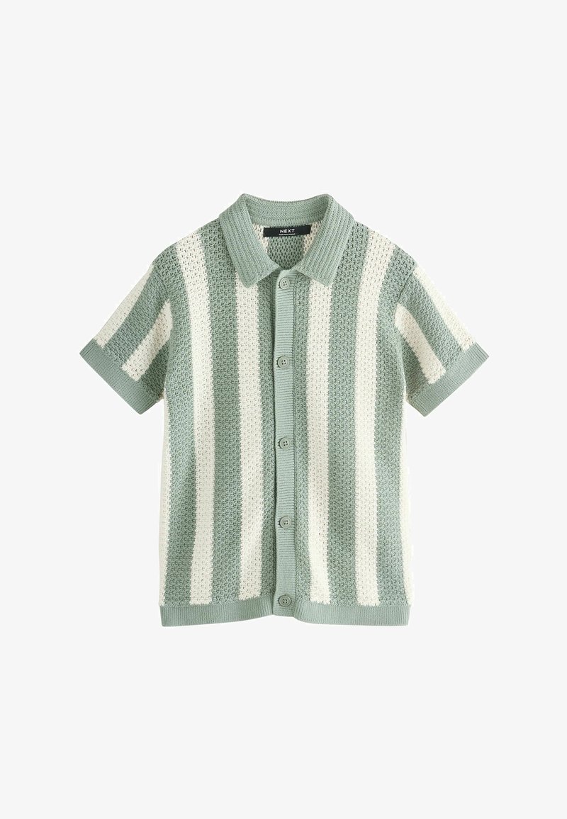 Short-sleeve knitted cardigan with vertical light green and white stripes, a collar, and front buttons.