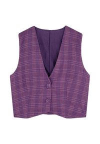 Vest mov cu un model în carouri de purpuriu mai deschis și coral. Are un decolteu în V, două închideri cu nasturi și un interior căptușit.