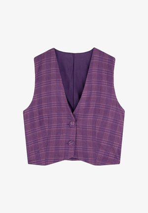 Violetti liivi, jossa on vaaleammasta violetista ja korallista koostuva ruutukuosi. Siinä on V-pääntie, kaksi napinläpeä ja vuorattu sisus.