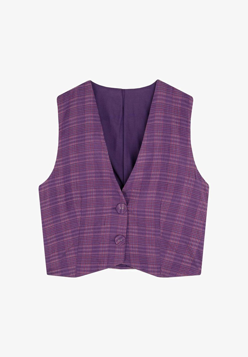 Lila Weste mit einem karierter Muster in helllila und Koralle. Sie verfügt über einen V-Ausschnitt, zwei Knopfverschlüsse und ein gefüttertes Innenfutter.