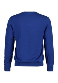 Blauer gestrickter Pullover mit langen Ärmeln, Rundhalsausschnitt und gerippten Bündchen und Saum. Glatte Textur, keine sichtbaren Muster oder Akzente.