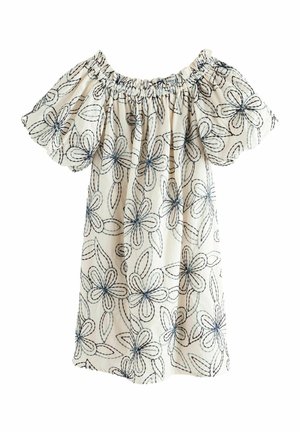 Kreemja kanga, millel on sinine lilleline tikand, off-the-shoulder stiilis. Laienevad lühikesed varrukad ja kogutud kaelus elastse äärega.