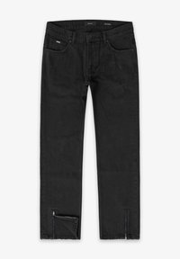 Pantalones vaqueros negros de mezclilla con corte recto, con dobladillos con cremalleras y detalles desgastados menores cerca de los bolsillos. Diseño de cintura de talle medio.