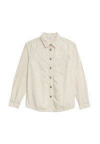 Lichtcrème knoopshirt van katoen. Beschikt over een klassieke kraag, een borstzak en zilveren knopen in het midden. Lange mouwen.