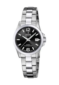 Orologio in acciaio inossidabile argento con quadrante nero rotondo, indici delle ore bianchi, display della data alle 3, e bracciale a maglie. Vetro zaffiro.