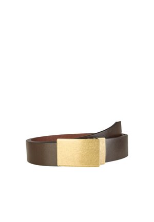 Brown leather belt rolled up with a large rectangular gold metal buckle on a white background.