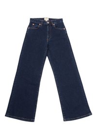 Jeans in denim blu scuro a gamba larga con vita alta, caratterizzati da cuciture arancioni, rivetti e un design pulito e classico.