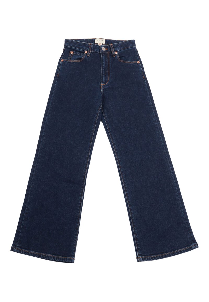 Jeans in denim blu scuro a gamba larga con vita alta, caratterizzati da cuciture arancioni, rivetti e un design pulito e classico.