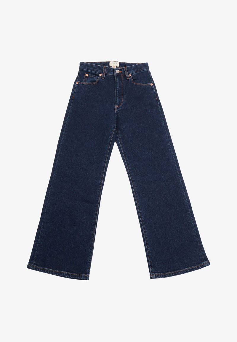 Jeans in denim blu scuro a gamba larga con vita alta, caratterizzati da cuciture arancioni, rivetti e un design pulito e classico.