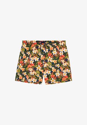 Herrenschwimmshorts mit elastischem Bund, marineblauem Kordelzug und buntem tropischem Blumenmuster mit grünen Blättern.