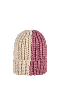 Chunky knit beanie with vertical ribbed pattern, split evenly in cream and mauve colors.