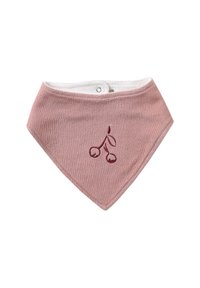 Baumwolllätzchen in einem Rosaton mit strukturiertem Finish. Mit weißem Futter und besticktem Kirschdesign in Dunkelrot. Wird mit Druckknöpfen geschlossen.