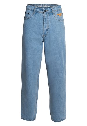 Hellblaue, weite Denim-Jeans mit hoher Taille, geradem Bein, fünf Taschen und einem gestickten Logo am Bund.
