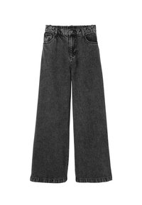Jeans en denim noir à jambes larges avec une taille élastique, deux poches avant et une finition texturée. Pas de marquage ni de motifs visibles.