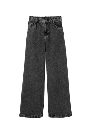 Jeans en denim noir à jambes larges avec une taille élastique, deux poches avant et une finition texturée. Pas de marquage ni de motifs visibles.