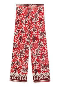 Bloemenpatroon broek in rood, maroon en wit. Loose fit met een elastische tailleband en koord, voorzien van ingewikkelde ontwerpen.