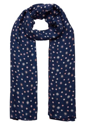 Granatowy szal z wzorem jasnoróżowych i białych kształtów słońc i kropek, luźno zawiązany na górze.