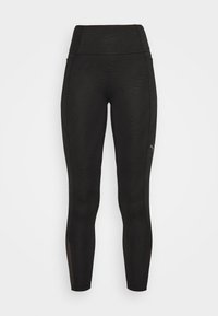 Leggings negros de cintura alta, con un patrón texturizado y detalles de malla en los lados. Fabricados con un material elástico y transpirable.