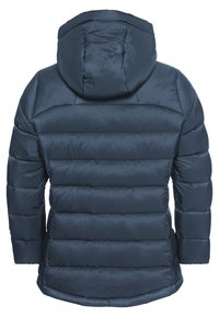 Dunkelblauer Pufferjacke mit Kapuze, ausgestattet mit gesteppten Bereichen und glatter Textur. Beinhaltet einen leicht gewölbten Saum und eine enganliegende Passform.