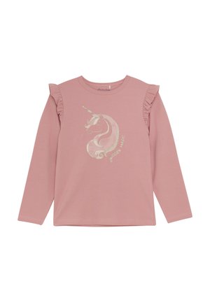 Langarm-Pink-T-Shirt mit Rüschenschulterakzenten, das eine glitzernde Einhorn-Grafik und den Text "Einhorn-Magie" zeigt. Aus weichem Baumwollmaterial.