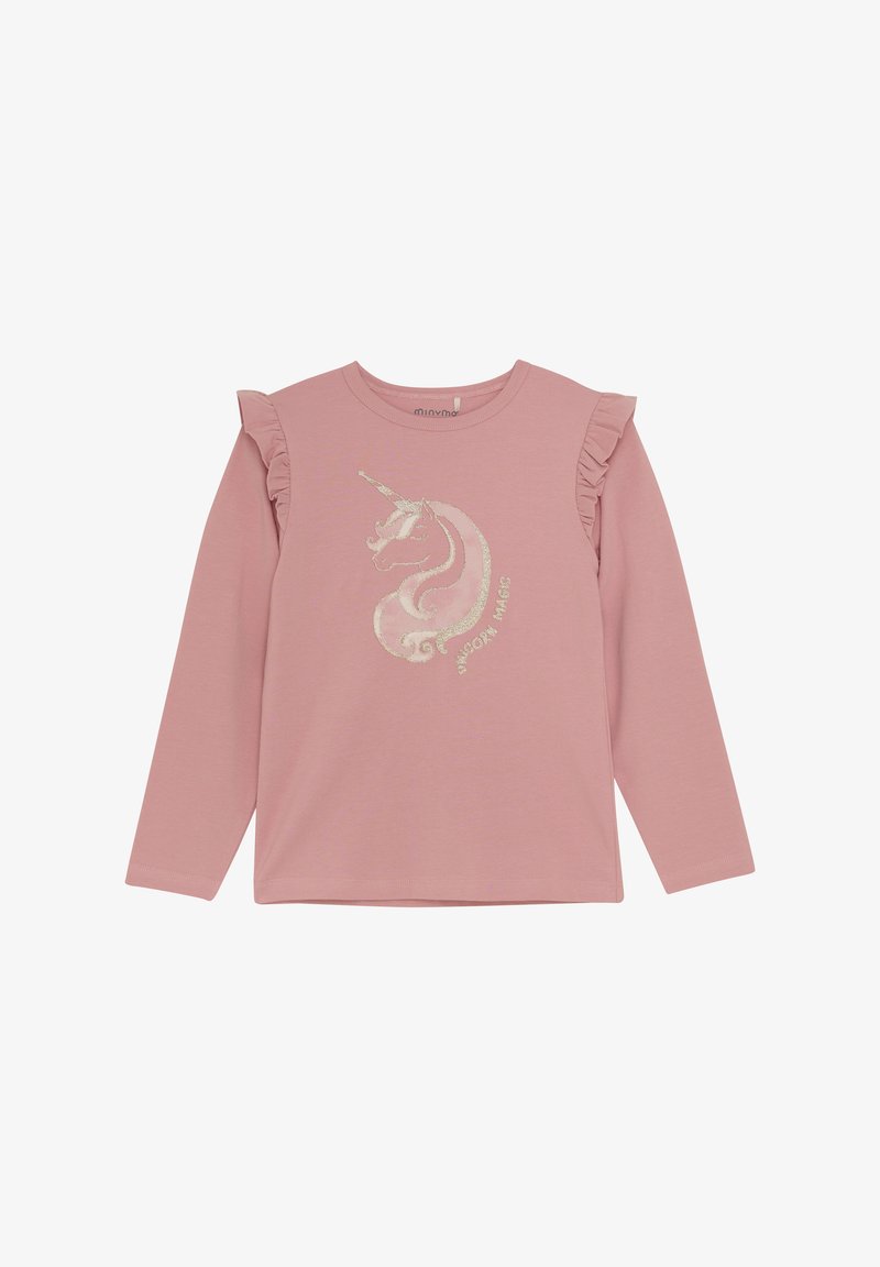 Langarm-Pink-T-Shirt mit Rüschenschulterakzenten, das eine glitzernde Einhorn-Grafik und den Text "Einhorn-Magie" zeigt. Aus weichem Baumwollmaterial.