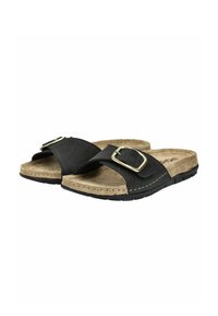 Schwarze Slides-Sandalen mit gepolsterten, beigen Fußbetten und verstellbaren Riemen mit großen goldenen Schnallen sowie schwarzen Gummisohlen.