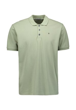 Polo shirt van lichtgroene stof, met een kraag, drie knopen placket en subtiele branding op de borst. Korte mouwen en klassieke pasvorm.