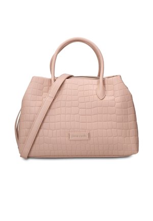 Zachte roze rechthoekige handtas met krokodillen reliëf, twee handvatten, een schouderriem en een rits aan de bovenzijde.