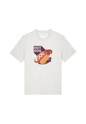 Light gray t-shirt with a cartoon dachshund inside a hot dog bun and the text "HOT DOG" above in a purple shape.