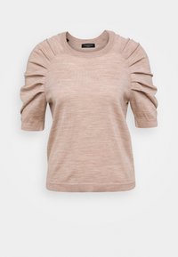 Lichtroze top met korte mouwen, gemaakt van zacht materiaal, ronde halslijn en geplooide details op de mouwen. Soepele textuur, comfortabele pasvorm.