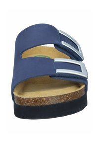 Navy blue two-strap sandal with silver buckles, cork footbed, and a black rubber sole; suede-like texture with a flat design.