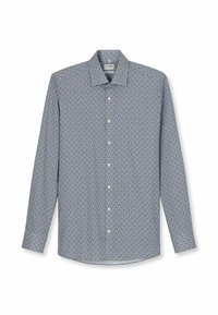 Langarmhemd in Blau und Weiß mit geometrischem Muster, Knopfleiste und klassischem Kragen. Weicher Stoff mit normaler Passform.