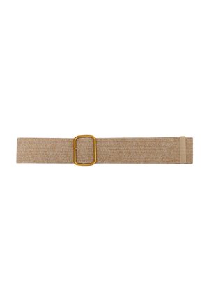 Ceinture en tissu tissé beige avec une boucle rectangulaire en métal doré et un onglet d'extrémité cousu, posée à plat sur un fond blanc.