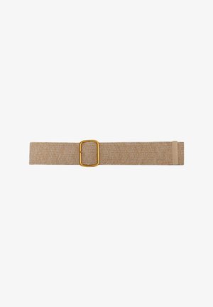 Ceinture en tissu tissé beige avec une boucle rectangulaire en métal doré et un onglet d'extrémité cousu, posée à plat sur un fond blanc.
