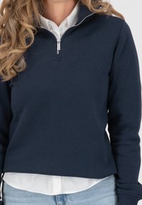 Felpa blu navy con collo a zip quarti, realizzata in un morbido materiale misto cotone, maniche lunghe e vestibilità rilassata. Camicia bianca con colletto visibile sotto.