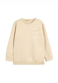 Beige sweatshirt med rund halsudskæring, lange ærmer og elastiske manchetter. Tekstgrafik på forsiden: "Søger nye horisonter på vejen."