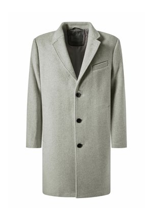 Lichtgrijze wollen jas met een gestructureerde kraag, enkelvoudige knoopsluiting, drie zwarte knopen en een borstzak. Gladde textuur, middellange lengte.
